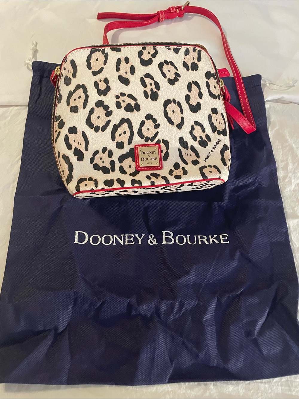 Dooney & Bourke Cream Leopard Crossbody with Red Trim